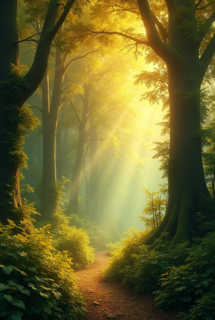 **Bright Forests:** Trees with leaves emitting a soft golden light, creating an ethereal and enchanted atmosphere.