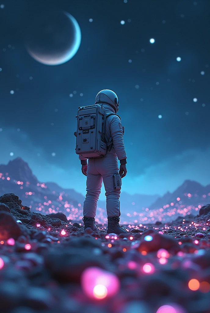 Help me upgrade to a picture. The theme is an astronaut exploring different planets.,The sky is the night sky and the ground is surrounded by gems and crystals, full of exploration and unknown territory.