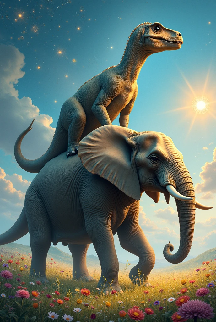 A dinosaur on top of an elephant with sparkles or stars around and a background with a beautiful field with lots of flowers on the ground and a beautiful sunny day