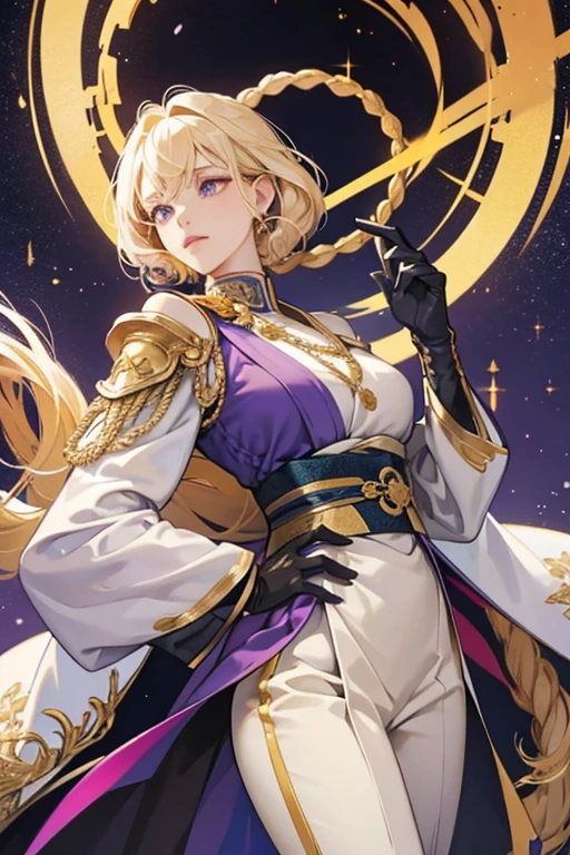 her attire consists of a white collared coat with long flowing sleeves, dark blue lapels, and gold trimmings decorated with a number of embellishments worn over a light purple kimono and white pants. sHe also has black and golden armor on her right shoulder, white and purple gauntlets on both arms, short black gloves, and a large golden rope around her neck. Her Vision hangs on a thick golden rope around her waist on his right hip. SPARKLE; GLITTER