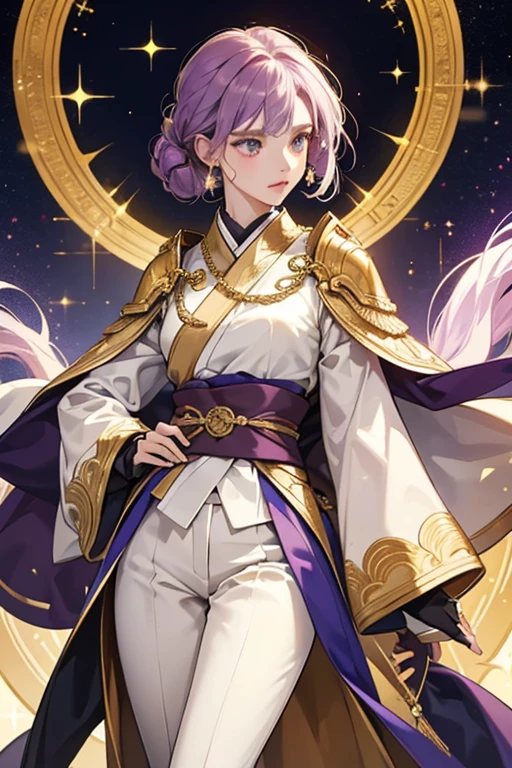 her attire consists of a white collared coat with long flowing sleeves, dark blue lapels, and gold trimmings decorated with a number of embellishments worn over a light purple kimono and white pants. sHe also has black and golden armor on her right shoulder, white and purple gauntlets on both arms, short black gloves, and a large golden rope around her neck. Her Vision hangs on a thick golden rope around her waist on his right hip. SPARKLE; GLITTER