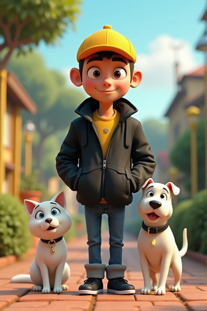 Animated image of bald man with yellow cap, brown eyes, black jacket, blue jeans and black shoes with his white cat and white pitbull
