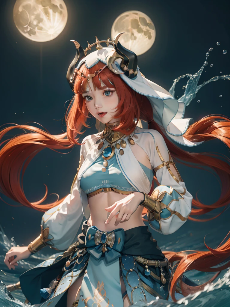 extremely detailed CG unified 8k wallpaper, very fine 8KCG wallpaper, absurderes, ,Best Quality ,Ultra-detail ,Beautiful face ,masterpiece、top-quality(masterpiece), top-quality, 1girl in, masterpiece、top-quality、absurderes、nilou(Flowers and fog)(GenshinImpact)、aqua eyes、nilou(GenshinImpact)、fake horns、1girl in、solo、red hairs、veils、A smile、a moon、length hair、croptop、jewely、banya、natta、bracers、brooches、long-sleeve、puffy long sleeves、looking at the viewers、skirt by the、bangss、Twin-tailed、water、Puffy sleeves、Sky、neck rings、open open mouth、 :d, fullmoon, nigh sky, florals, harem outfit, gold trim, partedbangs, Raise your arms, breastsout, circlet, Plein Air, a blue skirt, hair adornments, Independent sleeves, low twintails, Floating hair, gem stones, flower in hair, blue gemstone, Hand up, dancers, White cap, tiny chest, Stomach, Midriff, cowboy shot, blue bow, Very long hair