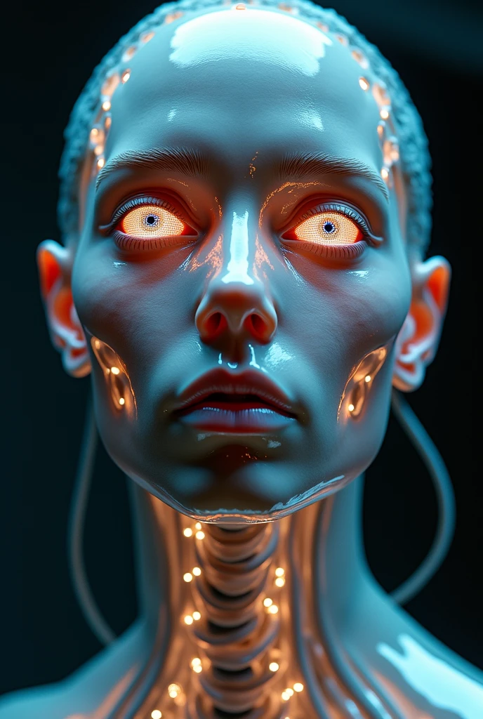 full black background, ultradetalised in Gans Rudolf Giger photostyle, ORGANIC BEAUTIFUL ANTHROPOMORPHIC MAN ORGANISM ANATOMICALLY LIKE HUMAN, translucent skin made of hard elastic silicone, eyeballs consist of dozens of LCD-monitors, iris consists of dozens of luminescent photomatrixes, the pupils are replaced by convex lenses of photographic lenses, the circulatory system is replaced by thousands of thin translucent tubes with dark blue fluid, the nervous system consists of the thinnest wires in multicolored insulation, soft white low light from spot, camera move from left to right around the character