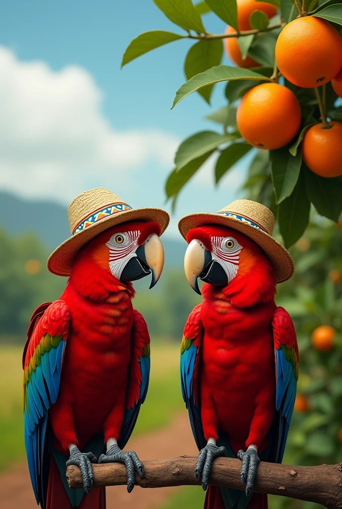 Red macaws with rural South American hats In the background orange trees with fruits In the upper right corner written PARAGUAY 2024