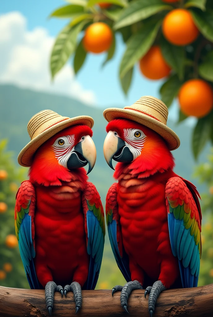 Red macaws with rural South American hats In the background orange trees with fruits In the upper right corner written PARAGUAY 2024
