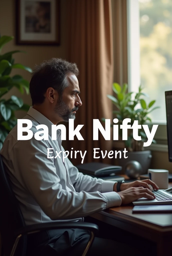 There is a man sitting on a chair with a laptop who is trading. The text in the image says, “Today is Bank Nifty expiry so here is our special offer.”