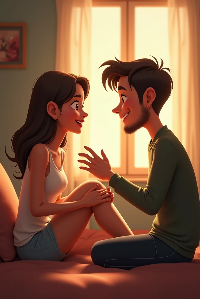 An animated man touching a woman's knee