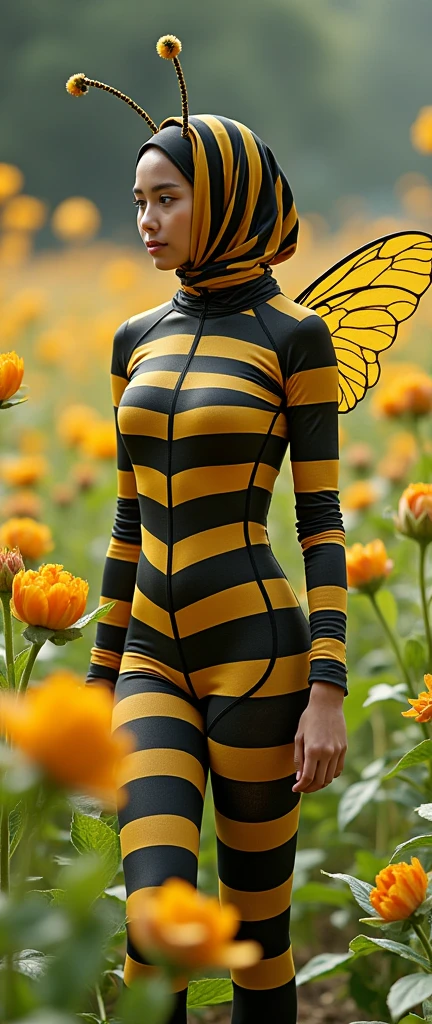 The most beautiful,thin,most pretty and clever Malaysian muslimah adult girl wears bee lycra turtleneck unitard catsuit covered with bee stripes with a pair of wings.She always wear bee lycra dancewear stretchy hijab covered with many stripes with a pair of long antennae.She waters a flowers




