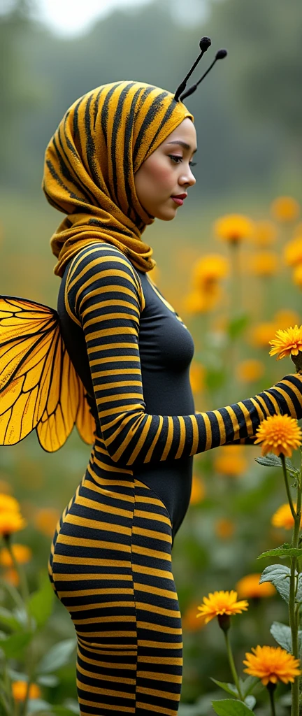 The most beautiful,thin,most pretty and clever Malaysian muslimah adult girl wears bee lycra turtleneck unitard catsuit covered with bee stripes with a pair of wings.She always wear bee lycra dancewear stretchy hijab covered with many stripes with a pair of long antennae.She waters a flowers