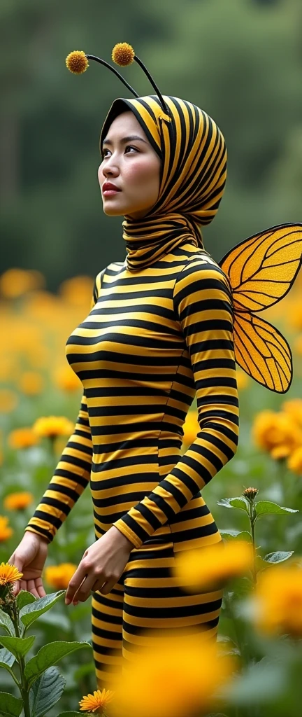 The most beautiful,thin,most pretty and clever Malaysian muslimah adult girl wears bee lycra turtleneck unitard catsuit covered with bee stripes with a pair of wings.She always wear bee lycra dancewear stretchy hijab covered with many stripes with a pair of long antennae.She waters a flowers