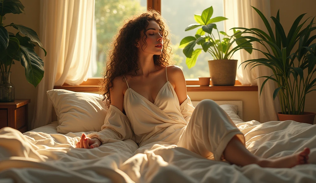 (fotorrealism:1.2), beautfull woman, Sitting in bed, wearing a loose blouse with bare shoulders, pajama pants, long  curly hair, Inside the house, soft lighting, plants in background, window with sunlight, cozy room, relaxed pose, realisitic, details Intricate, warm colours, por Greg Rutkowski, by alphonse mucha
