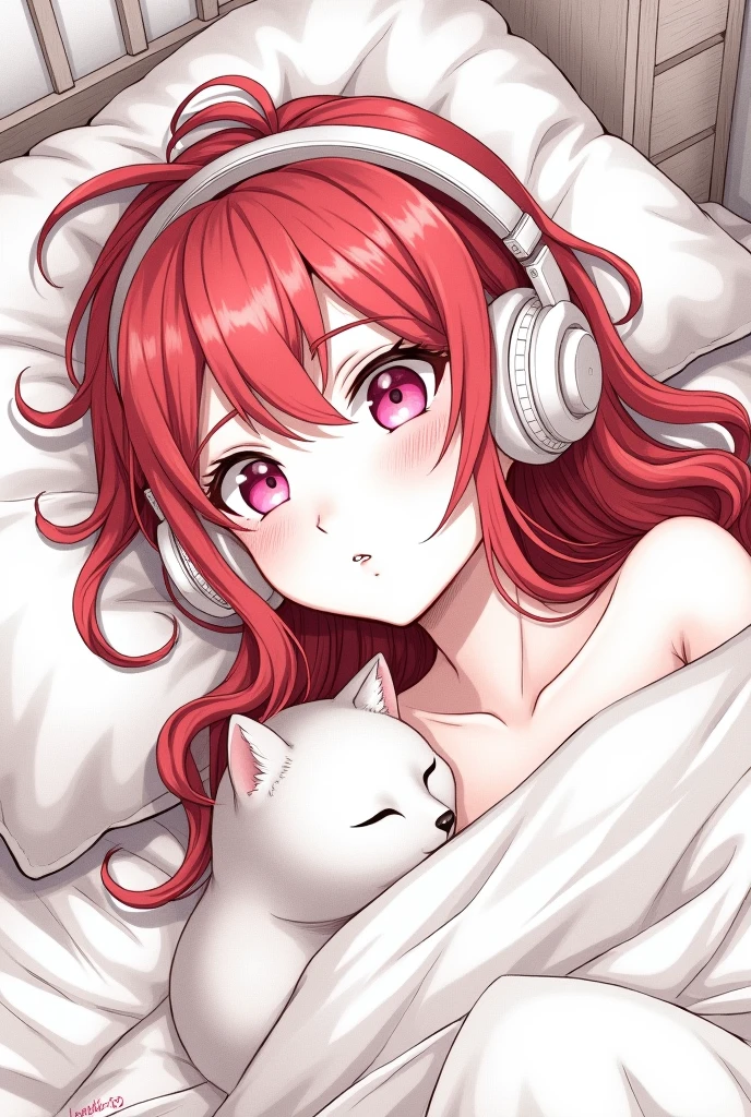 Monochrome manga art style, captivating red-haired woman, luxurious tresses cascading across her pillow, mesmerizing pink eyes gently closed, immersed in tranquility, adorned with oversized cushy headphones, seamless blending of modern comfort, plush bedding invitingly tousled around her, serene atmosphere emanating warmth, affectionate cat curled up beside her, soft whiskers twitching in slumber, intimate bedroom setting filled with personal touches, delicate decorative elements creating visual interest, central composition accentuating her relaxed posture, intricate detailing of character features emphasizing emotions, refined hatching and cross-hatching techniques depicting shadows and textures, dynamic balance of positive and negative space drawing the viewer's eye, inviting storytelling elements suggesting a peaceful narrative, evocative of classic manga scenes, capturing the essence of relaxation in a bustling world, evoking empathy and reflection on personal moments of contentment.