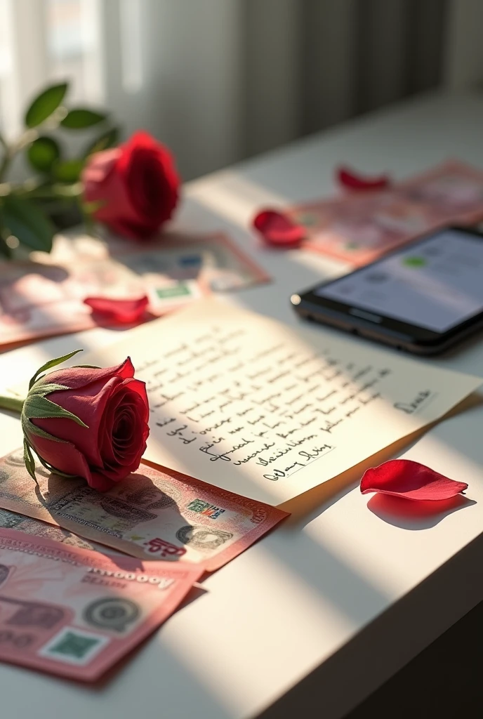 Create a horizontal image, that has a table seen from above with lots of banknotes, a cell phone with a notification, a handwritten letter and a wilted rose with petals on the side