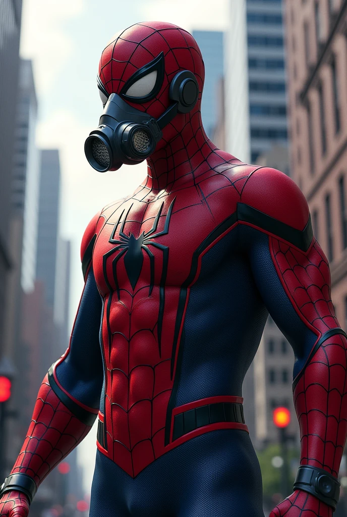 Create a spiderman with nebulizer inhalation mask on his face