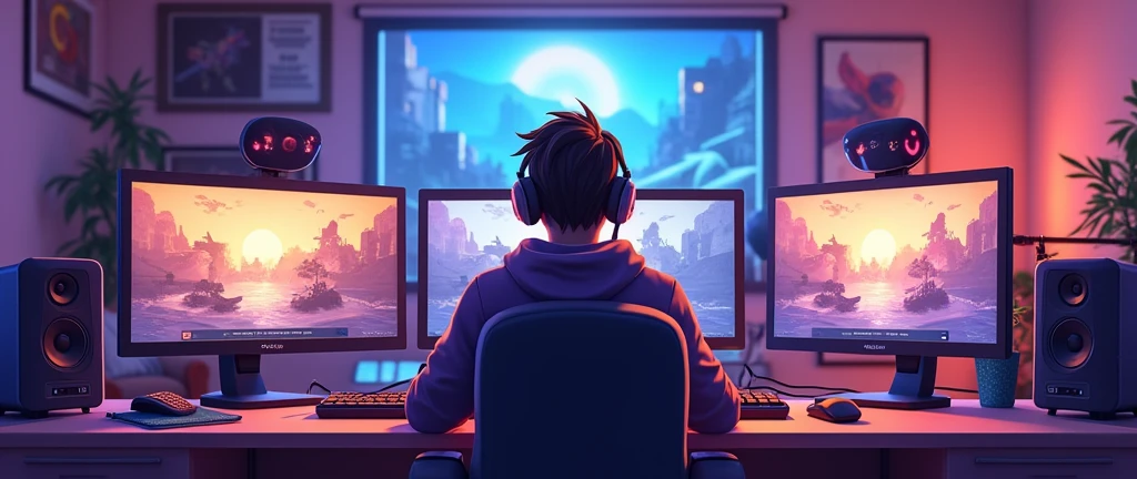 create an image of a streamer playing overwatch but horizontally so that the whole set up can be seen and that the streamer can be seen from behind, not from the side, please and that the image can be seen horizontally and that it looks animated, animated, ANIMATED, NOT A REAL PERSON, THAT IT IS AN ADULT PERSON