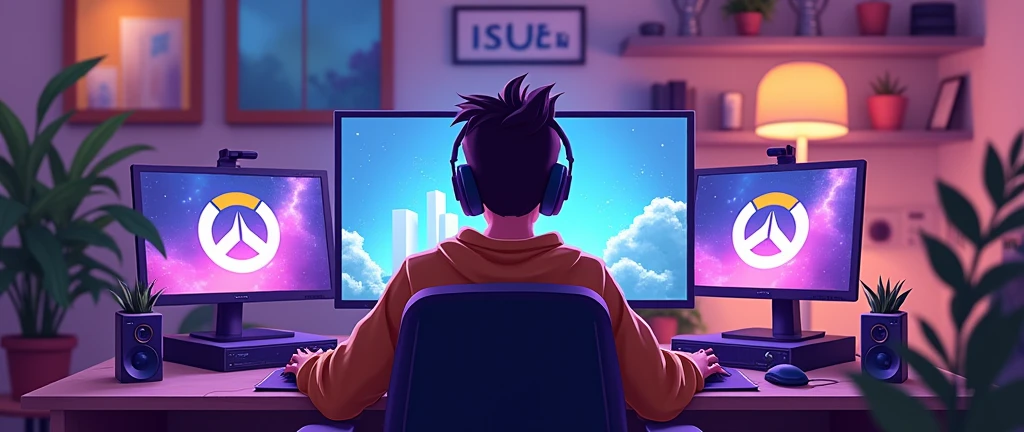 create an image of a streamer playing overwatch but horizontally so that the whole set up can be seen and that the streamer can be seen from behind, not from the side, please and that the image can be seen horizontally and that it looks animated, animated, ANIMATED, NOT A REAL PERSON, THAT IT IS AN ADULT PERSON