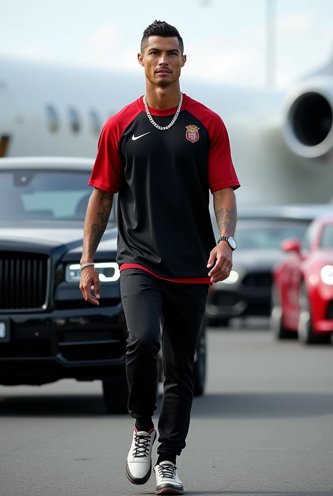Cristiano Ronaldo ;à l'aéroport de Washington où quatre voitures lui suivent;portant un montre en diamant,une lumière claire luxe;un t-shirt noir rouge nike luxe;un pantalon noir luxe ;des chaussures de luxe montante ;monte dans un jette privé