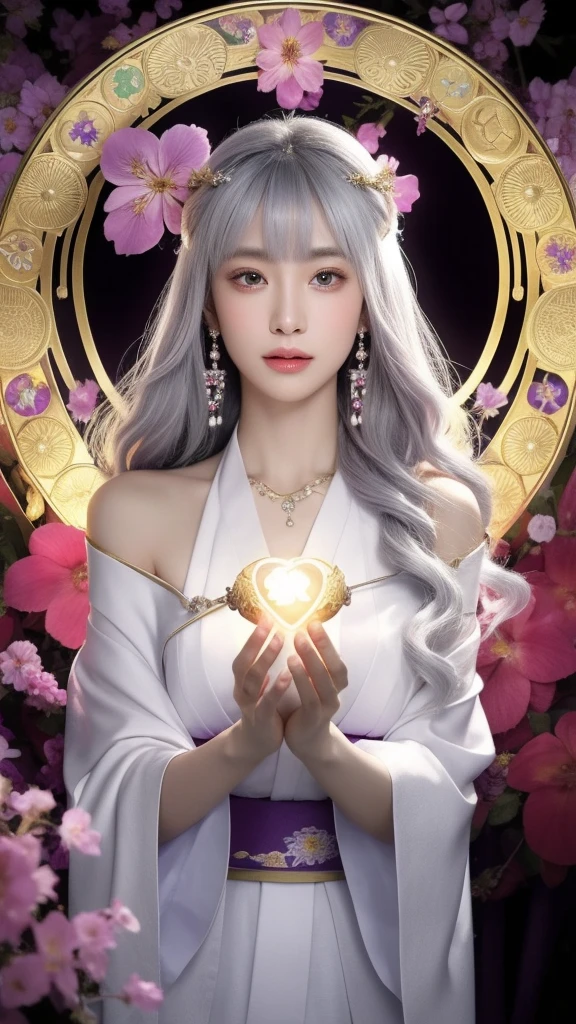 (masterpiece, top quality, 1 female, solo, exquisite details, chromatic aberration), (realistic), (skin), ((breathing)), (silver hair, blunt bangs, cropped straight long hair, short bangs, silver hair), beautiful hair, red headdress, highlights, hair on one eye, beautiful eyes, purple eyes, thick lips, earrings, piercing eyes, ((gold and white kimono)), ((symmetrical eyes)), ((perfectly symmetrical body)), ((perfectly symmetrical hands)), (purerosface_v1:0.3), full moon night, ((self, natural light))), bright lighting, flowers blooming in background, in front of viewer, ((central shot, from the front, (face and shoulders))), mysterious atmosphere, colorful flowers blooming around, bright colored background, shrine maiden in kimono, beautiful shrine maiden, Shrine maiden, fantasy female shrine maiden, female fortune telling shrine maiden, fantasy photography, Japanese style, elegant cinematic fantasy art, fantasy woman, sorceress portrait, powerful wizard surrounded by mystical colorful flowers, holding a glowing heart crystal ball, eyes glowing with mystical energy, spells leaking from her mouth, vibrant sorcery vortexes pulsating with rainbow hues appear in the air, magic permeates, flowers bloom, sacred creatures gaze in awe, threads of magical energy dance, reveal hidden realms, unravel secrets, capture the essence of this enchanting moment and bring to life the mystical power of sorcery on a canvas of the highest quality and finest detail. Top quality, masterpiece, ultra high resolution, (photorealistic: 1.4), RAW photo, sharp focus, high resolution, detailed skin.
Flowers blooming all around, bright colored background, fortune teller in kimono, beautiful fortune teller, fortune teller, fantasy female fortune teller, female fortune teller, fantasy photography, Japanese style, fortune teller in kimono, elegant cinematic fantasy art, fantasy woman, magician portrait, fortune teller, powerful wizard surrounded by mystical colorful flowers, holding a glowing heart c