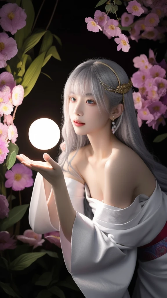 (masterpiece, top quality, 1 female, solo, exquisite details, chromatic aberration), (realistic), (skin), ((breathing)), (silver hair, blunt bangs, cropped straight long hair, short bangs, silver hair), beautiful hair, red headdress, highlights, hair on one eye, beautiful eyes, purple eyes, thick lips, earrings, piercing eyes, ((gold and white kimono)), ((symmetrical eyes)), ((perfectly symmetrical body)), ((perfectly symmetrical hands)), (purerosface_v1:0.3), full moon night, ((self, natural light))), bright lighting, flowers blooming in background, in front of viewer, ((central shot, from the front, (face and shoulders))), mysterious atmosphere, colorful flowers blooming around, bright colored background, shrine maiden in kimono, beautiful shrine maiden, Shrine maiden, fantasy female shrine maiden, female fortune telling shrine maiden, fantasy photography, Japanese style, elegant cinematic fantasy art, fantasy woman, sorceress portrait, powerful wizard surrounded by mystical colorful flowers, holding a glowing heart crystal ball, eyes glowing with mystical energy, spells leaking from her mouth, vibrant sorcery vortexes pulsating with rainbow hues appear in the air, magic permeates, flowers bloom, sacred creatures gaze in awe, threads of magical energy dance, reveal hidden realms, unravel secrets, capture the essence of this enchanting moment and bring to life the mystical power of sorcery on a canvas of the highest quality and finest detail. Top quality, masterpiece, ultra high resolution, (photorealistic: 1.4), RAW photo, sharp focus, high resolution, detailed skin.
Flowers blooming all around, bright colored background, fortune teller in kimono, beautiful fortune teller, fortune teller, fantasy female fortune teller, female fortune teller, fantasy photography, Japanese style, fortune teller in kimono, elegant cinematic fantasy art, fantasy woman, magician portrait, fortune teller, powerful wizard surrounded by mystical colorful flowers, holding a glowing heart c