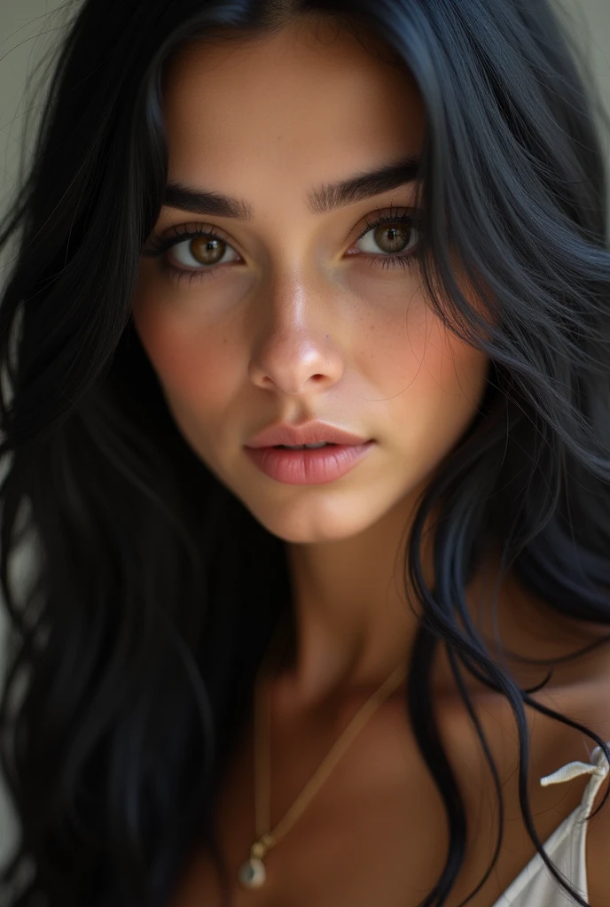 A close-up of a 40-year-old woman with long black hair, brunette skin