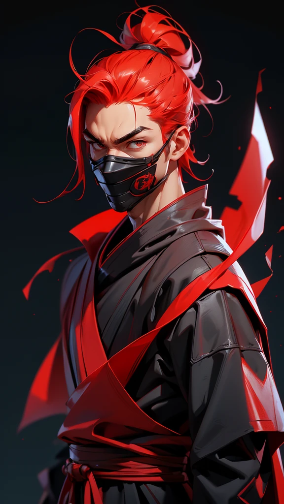 envision a 8k, highres, semi realistic cinematic full body concept design sheet of a soft ninja man with a slender muscular body, clean shaved, sleek red hair, and red eyes, ninja robes, ninja armor, mortal kombat ninja mask, half face mask, against a dark gray background