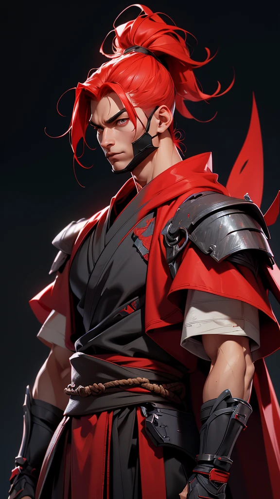 envision a 8k, highres, semi realistic cinematic full body concept design sheet of a soft ninja man with a slender muscular body, clean shaved, sleek red hair, and red eyes, ninja robes, ninja armor, mortal kombat ninja mask, half face mask, against a dark gray background