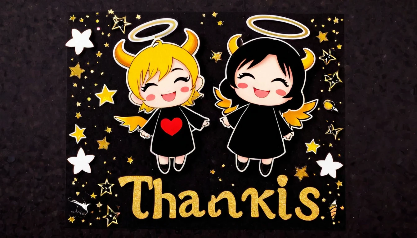 chibi, kawaii, cute, a devil with a wicked smile and an angel with a kind smile, with the word "Thanks" written between them, background black construction paper, golden hearts and shooting stars scattered all over