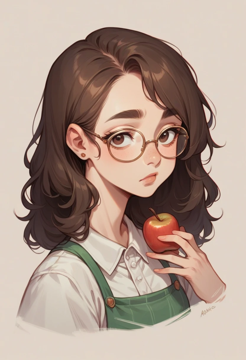 brunette girl, pretty fat girl, Brown eyes, small upturned nose, marked apples, with glasses, Abundant eyelashes and eyebrows.