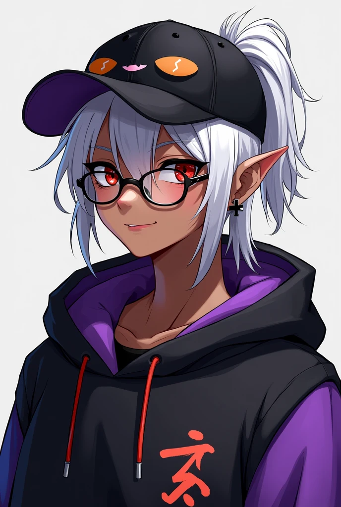 young man, Black skin tone, dark red eyes, elf ear small size, black earring in the shape of a cross but with two ears, wears prescription glasses, White hair, hair tied with ponytail, 2 strands of hair in the front, wears a black cap with a cat face, wears a closed hood with two different colors, black on one side and purple on the other, with an orange name written: NGGTO