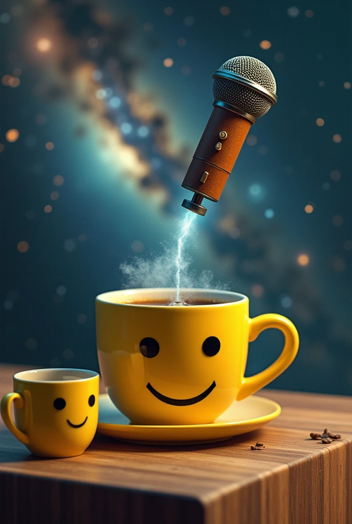 yellow Cup of coffee with a smiley face on it sitting on a table, Coffee and stars background, Liminal space in outer space!!!, Cup of coffee, next to a cup, exploitable image, space dust, Representation, disturbing the coffee doesn&#39;t work, Cup of coffee, the milky way express, Space in the background, morning coffee, ad image. Add a large ambient microphone