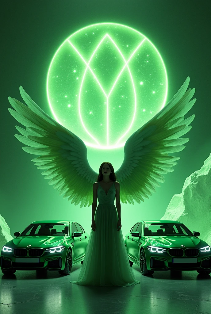 An image with a green quartz background and the stone company symbol in the background of the image, who owns a green car and a green motorcycle and who makes reference to vehicle maintenance. you have to have a green angel.