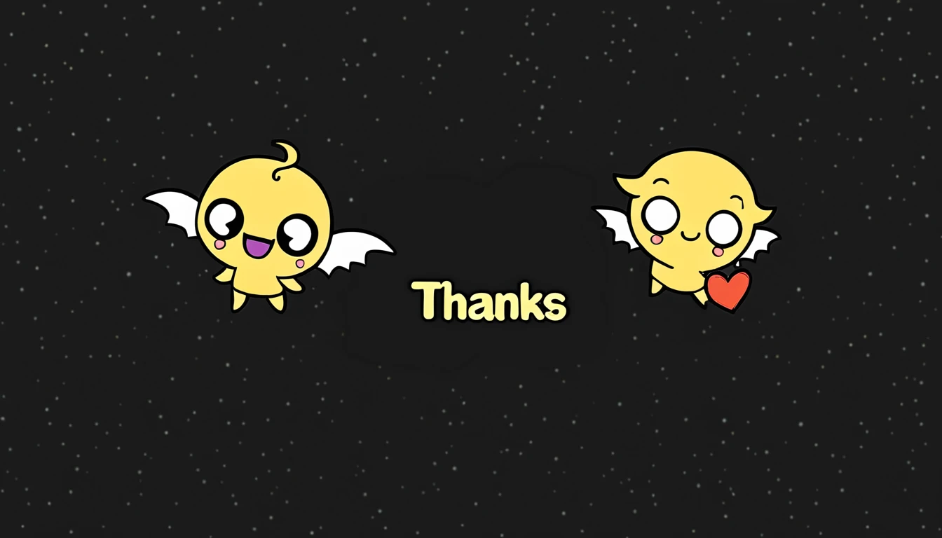 chibi, kawaii, cute, a devil with a wicked smile and an angel with a kind smile, with the word "Thanks" written between them, background black construction paper, golden hearts and shooting stars scattered all over
