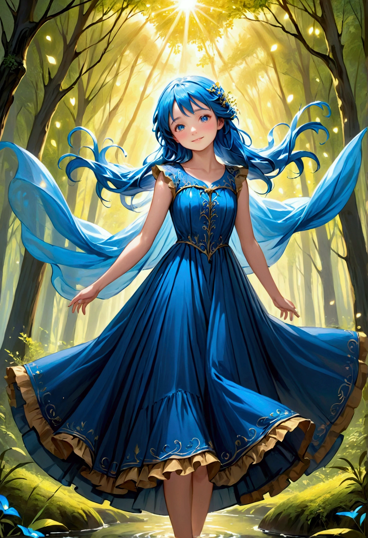 age girl, floats in a forest, flowing blue hair, long fairytale dress, face radiant with joy. Gustave Dore inspiration,
