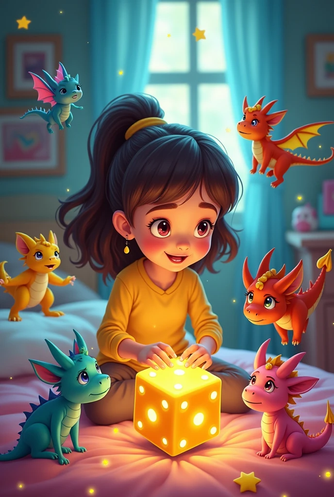 cartoon of a girl playing in her bedroom with a golden magic dice and 5 tiny dragons flew around her