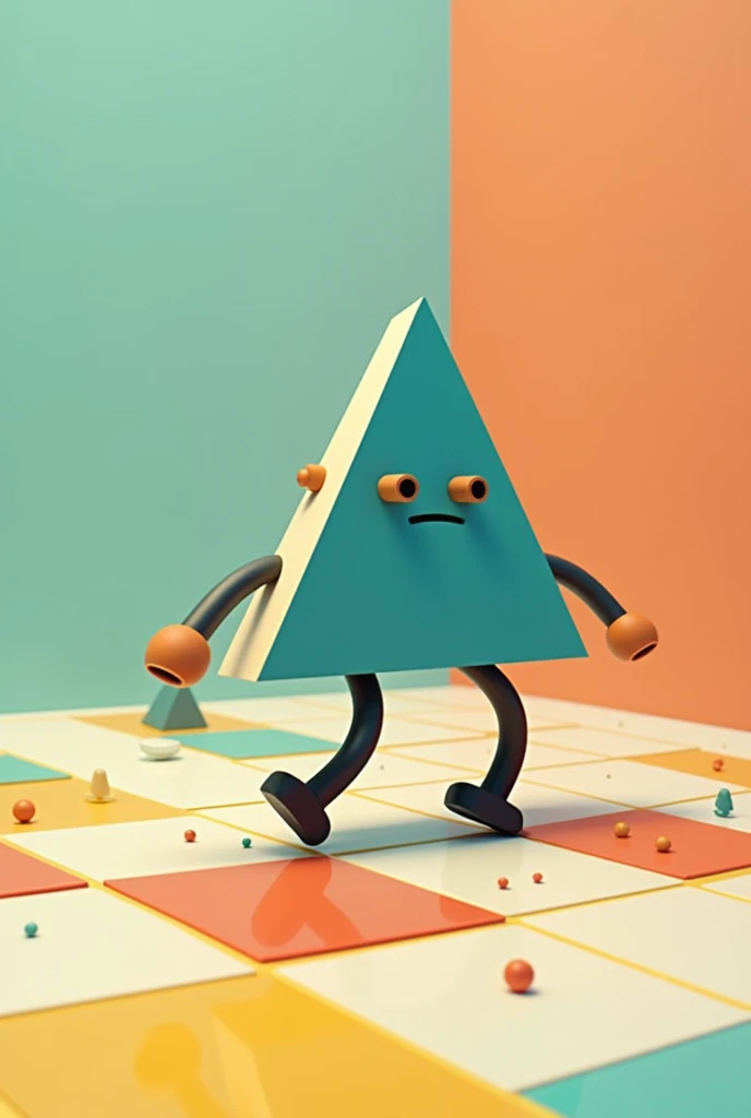 A triangle with legs and a face that walks forward passing squares on the floor, as if it were a monopoly






