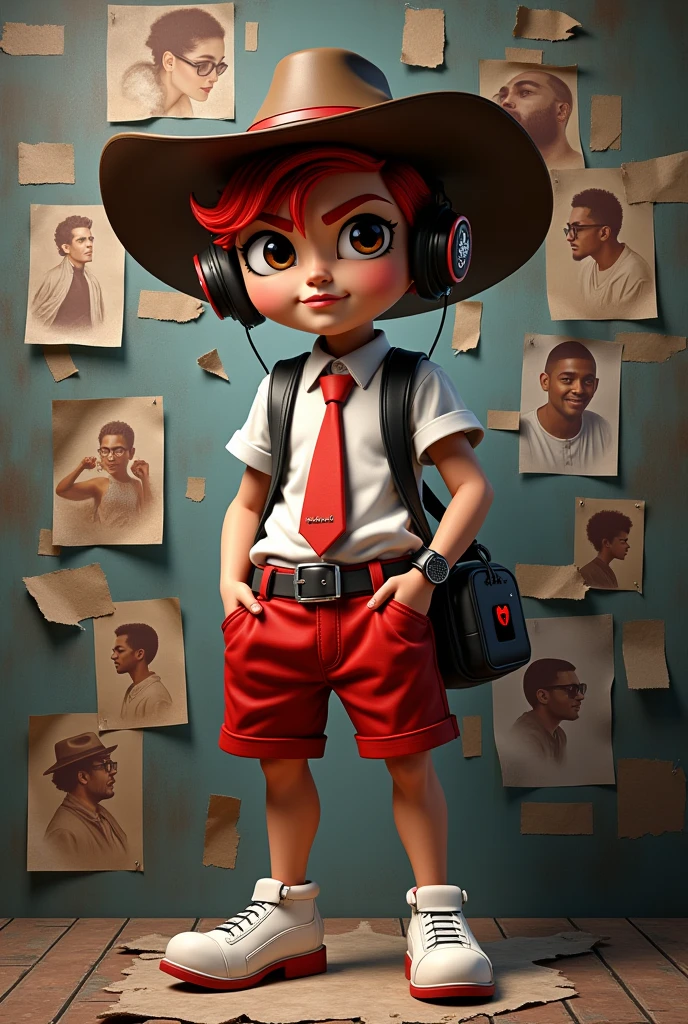 **Channeling the fierce spirit of a suave 20 year old cowboy with a wide hat, red tie, short white shirt and red shorts, there is a black "hello kitty" carrying bag🎬 Realistic 4d caricature of a big head, trendy anthropomorphic man wearing white shoes, black headphones, with red hair in a stylish layered collage; dark art, stylish innovative street art, iconic portraits, torn paper, fragmented shapes, hyper-realism with intricate details, complementary colors, soft lighting, ultra-clear textures,uhd,16k