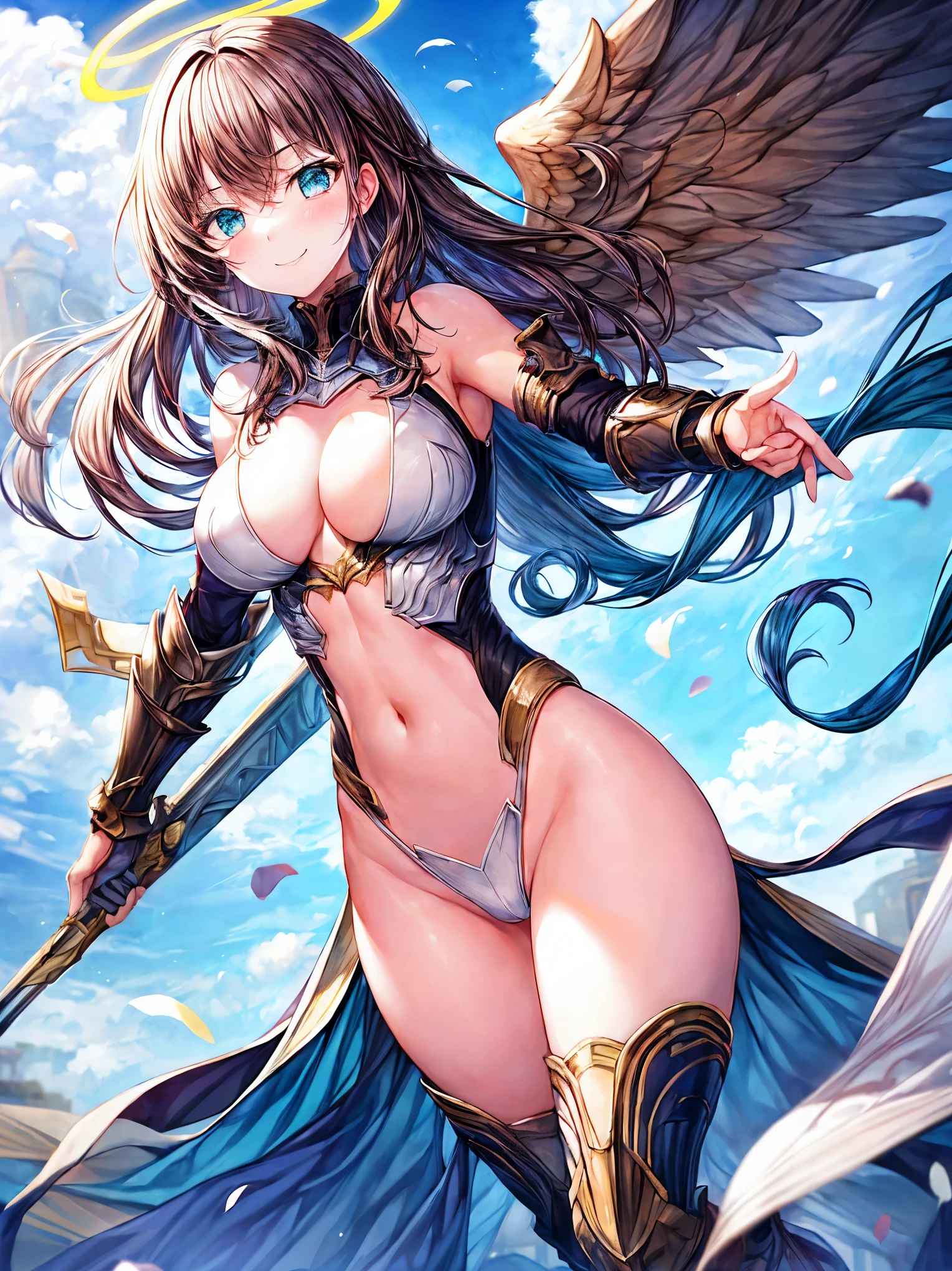 fantasy, 1angel_girl,(young_:1.5), ,brown_hair, medium_bob_hair, long_bangs, halo,bare_shoulder,thighhighs,silver_armor, waist_armor, large_breasts,1pair_wings, dynamic_pose_fighting,floating, bare_crotch, headgear,gauntlet, greaves,city_landscape_background,slightly_spread_legs, solo, groin_naked,smile,(covered_nipples:0.8)