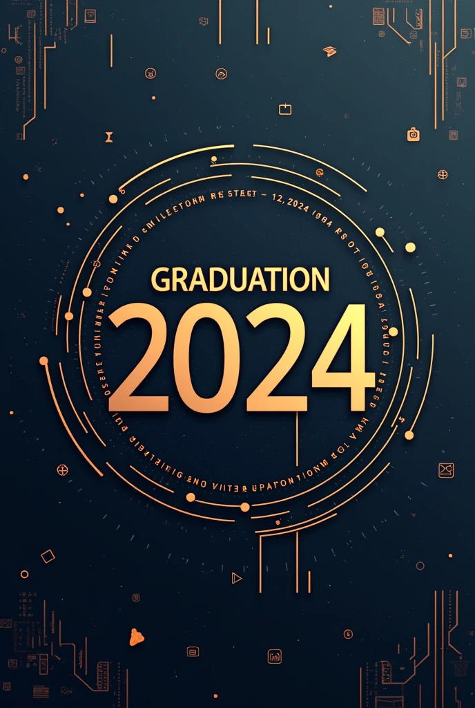 Create an elegant image for a Systems Development graduation invitation. Include the following details: 'Graduation 2024', 'December 12, 2024', '19h', 'Professor Maria Aguiar Teixeira State College'. Use a modern design with technological elements, like circuits or computer icons, and sober colors that reflect professionalism."