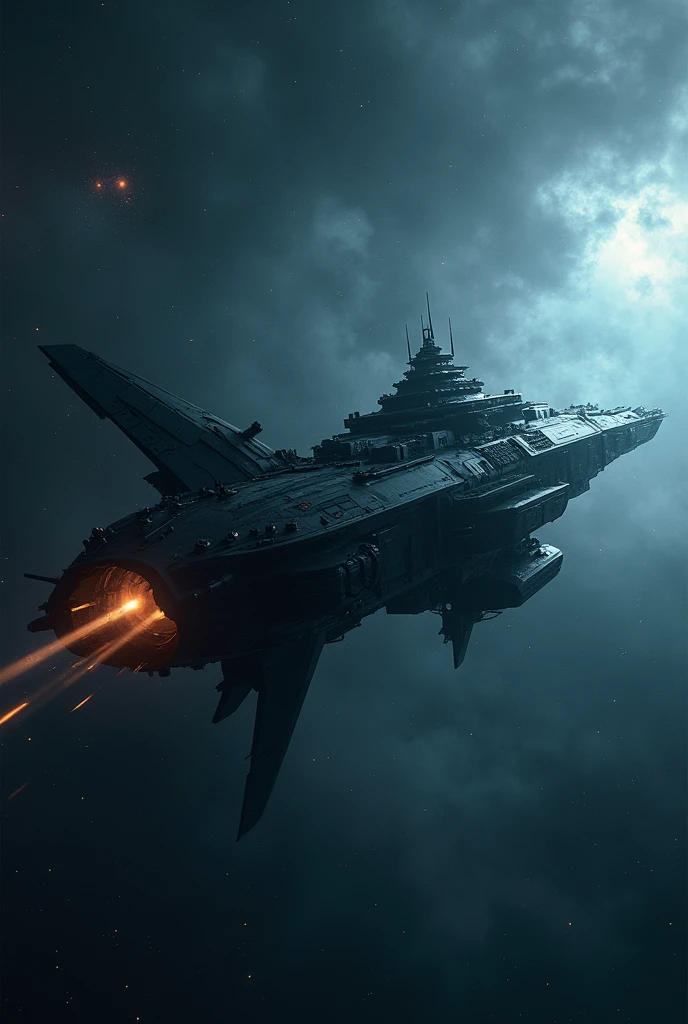 A giant spaceship called UNIMAGINARY in outer space, stars from afar