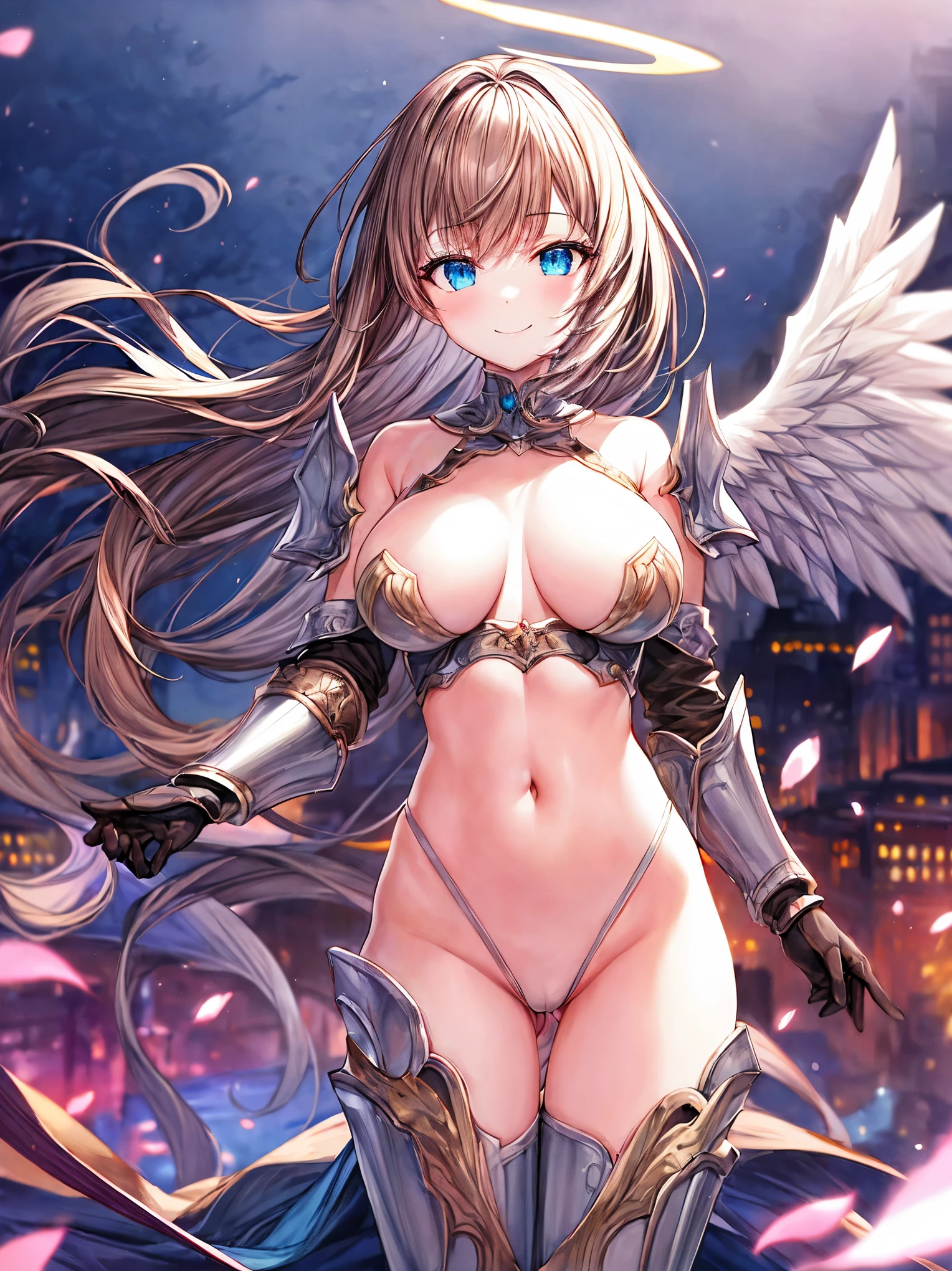 fantasy, 1angel_girl,(young_:1.5), ,brown_hair, medium_bob_hair, long_bangs, halo,bare_shoulder,thighhighs,silver_armor, waist_armor, large_breasts,1pair_wings, dynamic_pose_fighting,floating, bare_crotch, headgear,gauntlet, greaves,city_landscape_background,slightly_spread_legs, solo, groin_naked,smile,(covered_nipples:0.8)