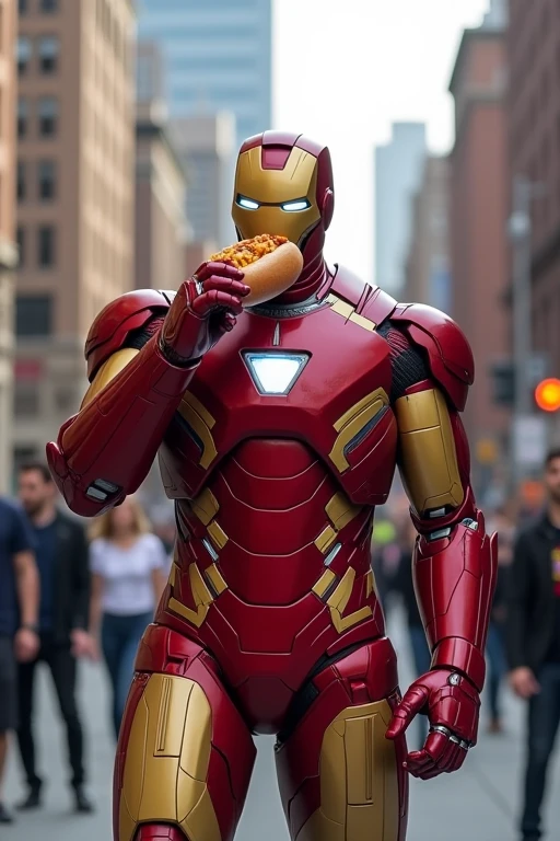 Iron Man eating a hot dog