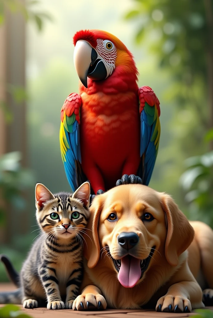 Generate image of a parrot, cat and a dog. PICTURE REALISTIC