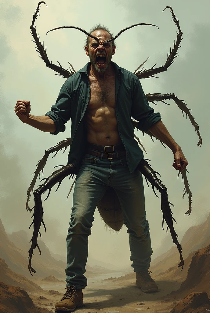 A man in metamorphosis with a cockroach. desolated, distressed by such a situation, feeling powerless in society and noticing rejection due to their new characteristics
