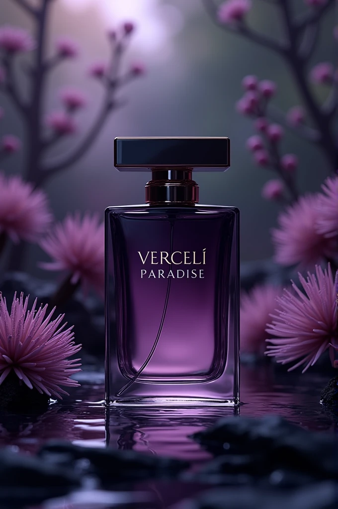 Perfume with the name VERCCELI PARADISE elegant and modern with purple and black color palette