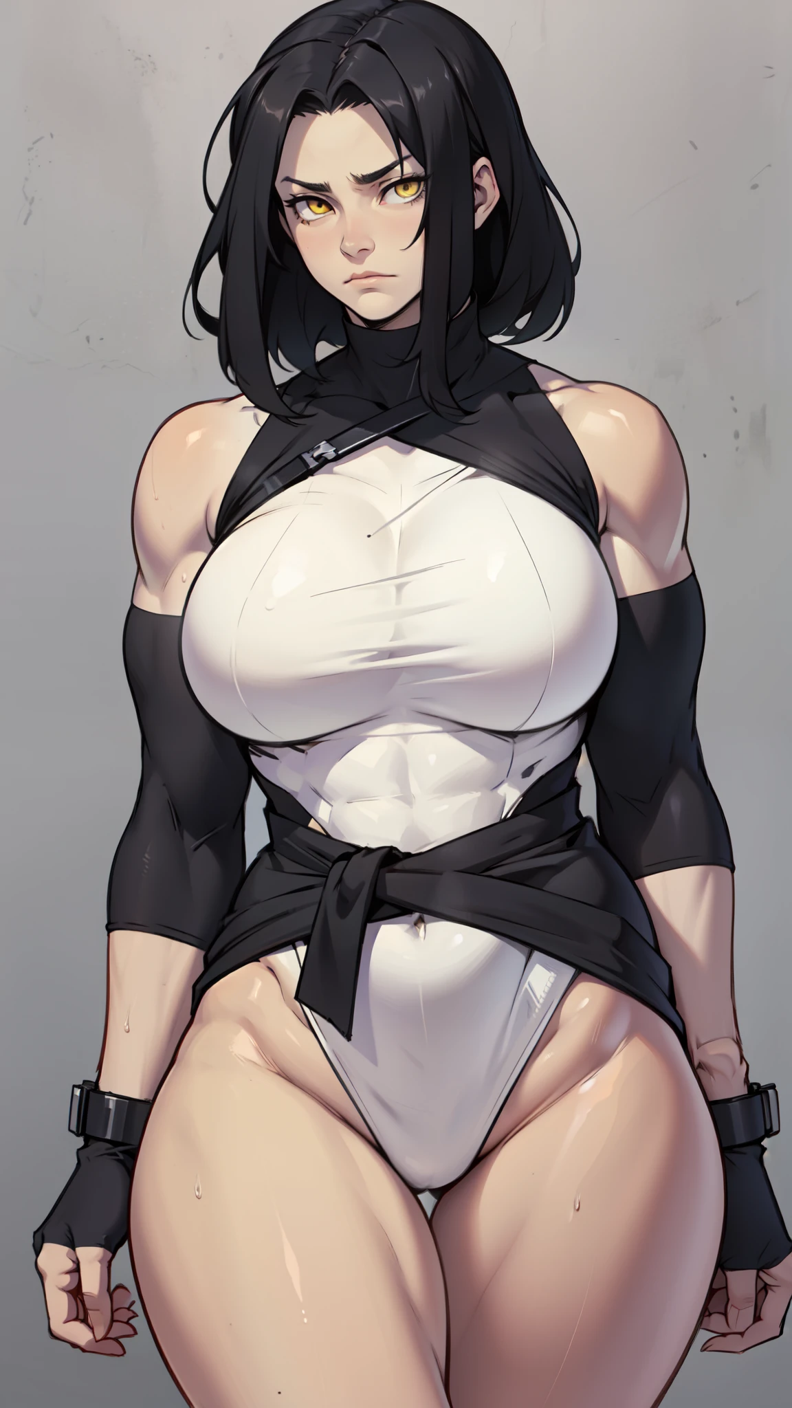 muscular girl with thin waist, big breasts, thick pale skin, black hair, yellow eyes muscular girl with thin waist, big thick breasts, muscular girl with thin waist, big thick breasts, tight to the skin, sad, expressionless