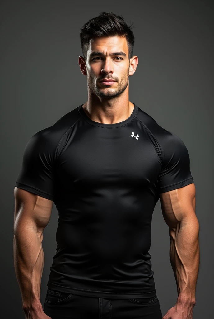 short black hair. a robust physique. His clothing consists of a black, short-sleeved compression shirt.