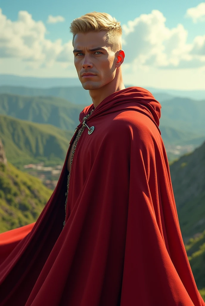 blond man with undercut hair, skin tanned, lilac eyes, wearing a red cape standing on a hill