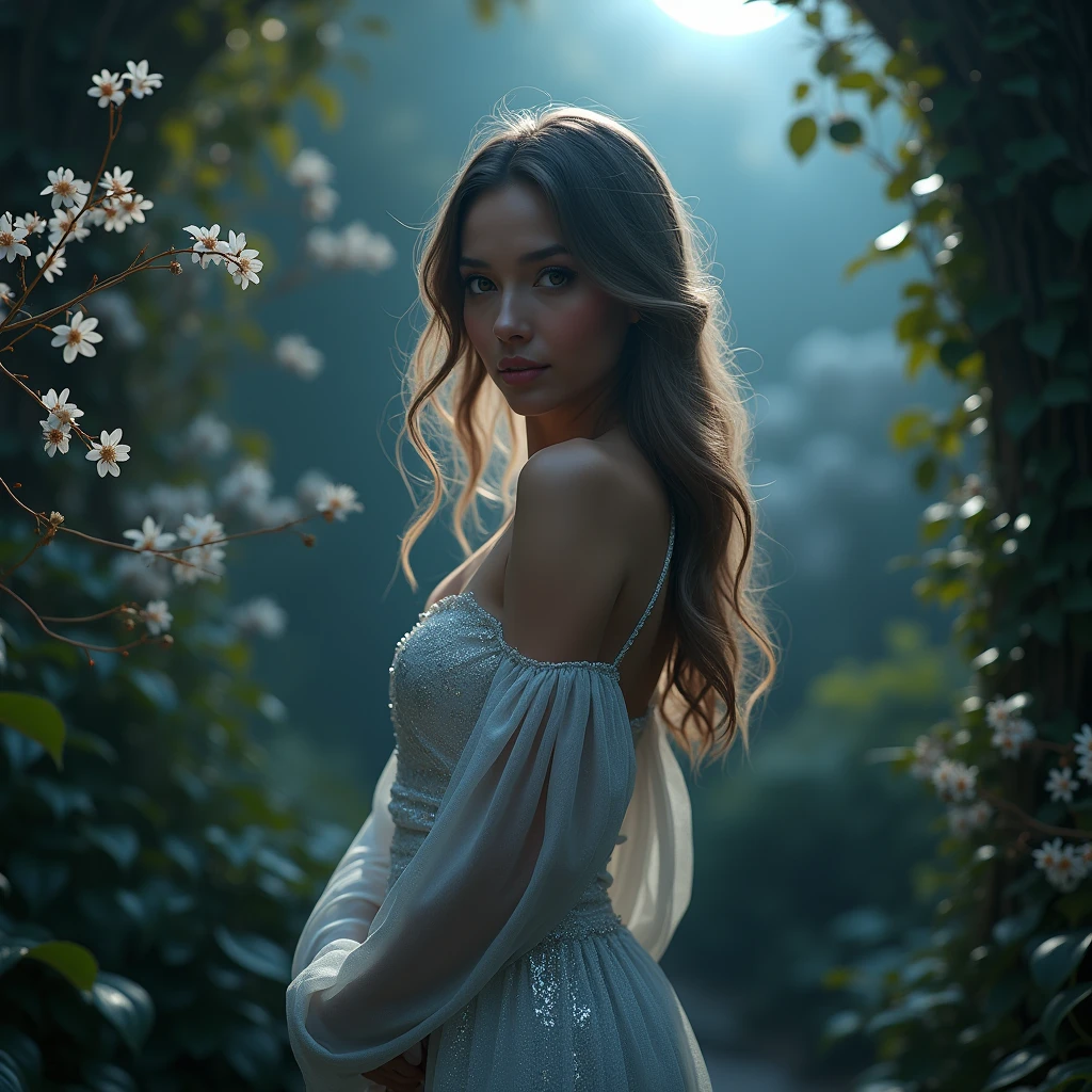 a beautiful woman wearing a long shimmering silver nightdress, flowing hair, gorgeous detailed facial features, elegant pose, standing in a moonlit garden, atmospheric lighting, fantasy, cinematic, high quality, 8k, detailed, photorealistic