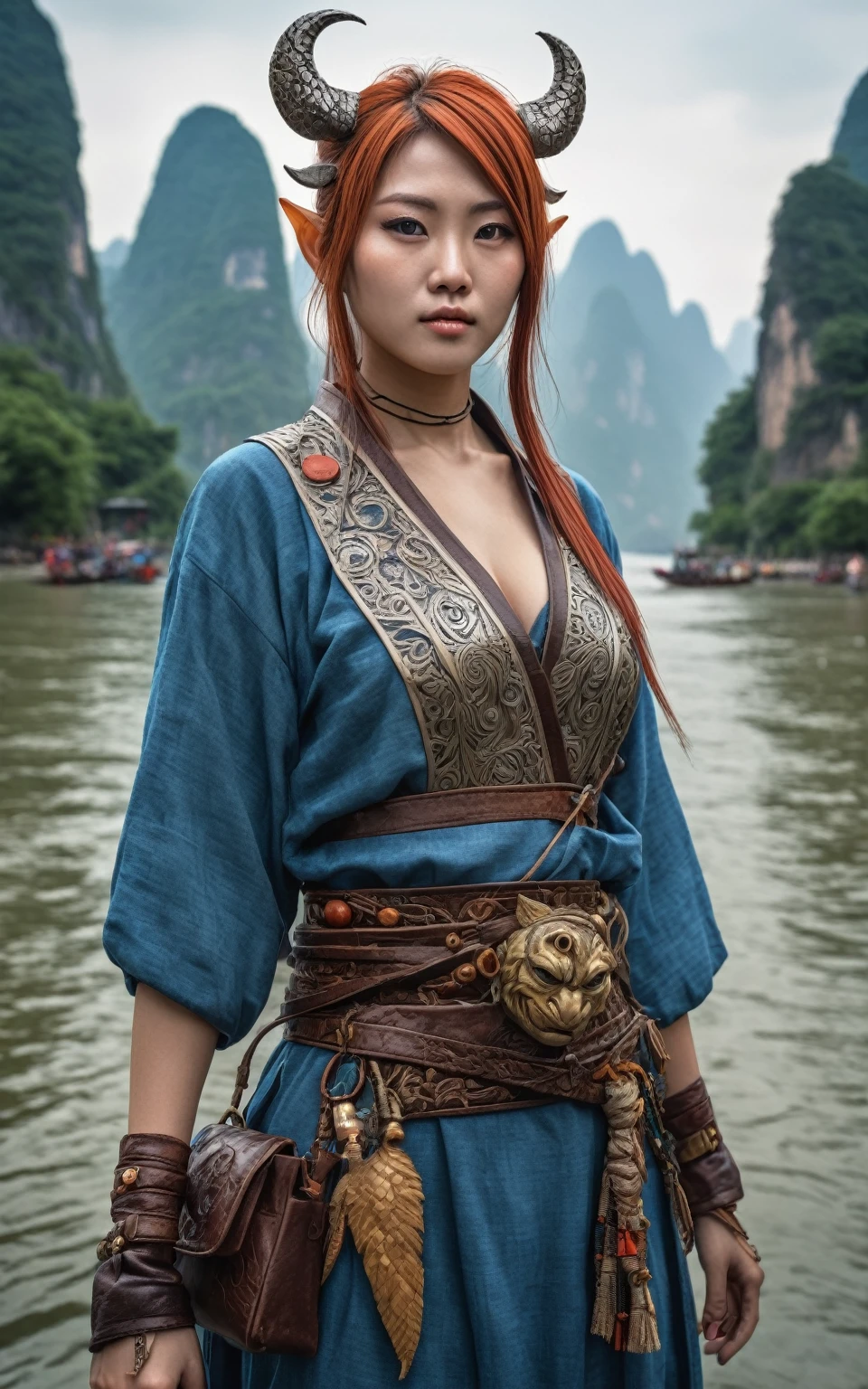full body length shot, beggar  genius extremely beautiful idol lady Keiko, wants eat, survival in criminal city of future, Cinematic, soft colors, Technicolor, natural skin textures, hyper realism, hyper detailed, Extremely detailed, Masterpiece, Realistic, Ultra Detailed, intricate details, realistic humid leather, extremly intricate, Epic Realistic, cinematic style, hdr, extremely detailed, masterpiece, intricate details, faded, eyes extremely detailed, high detailed eyes,16k resolution, RAW, Nikon Z9, Songbird, orc, Li River in China, Pisces, pointed ears perfect, ginger, Creative, masterpiece, fantasy, super detailed, high resolution, 